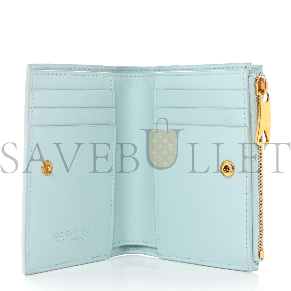 BOTTEGA VENETA NAPPA INTRECCIATO BIFOLD ZIP WALLET TEAL WASHED (10*11*1cm)