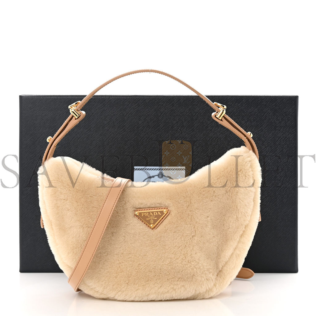 PRADA SHEARLING ARQUE SHOULDER BAG ECRU NOISETTE (23*19*6cm)