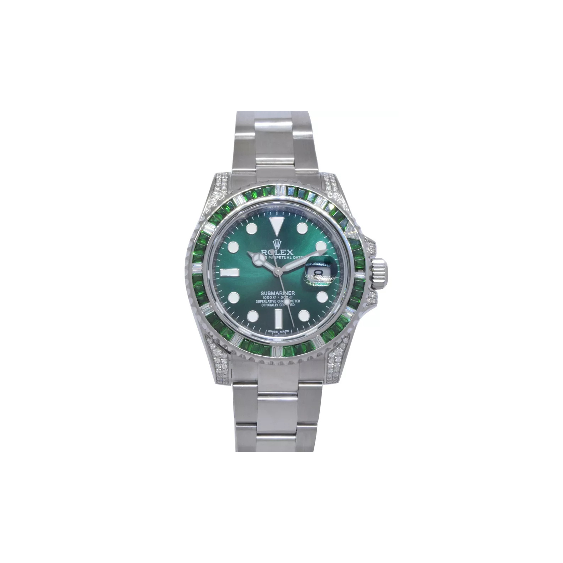 ROLEX SUBMARINER DATE STEEL GREEN STONES & DIAMOND 40MM WATCH 116610