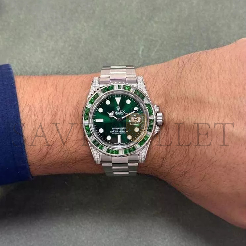 ROLEX SUBMARINER DATE STEEL GREEN STONES & DIAMOND 40MM WATCH 116610