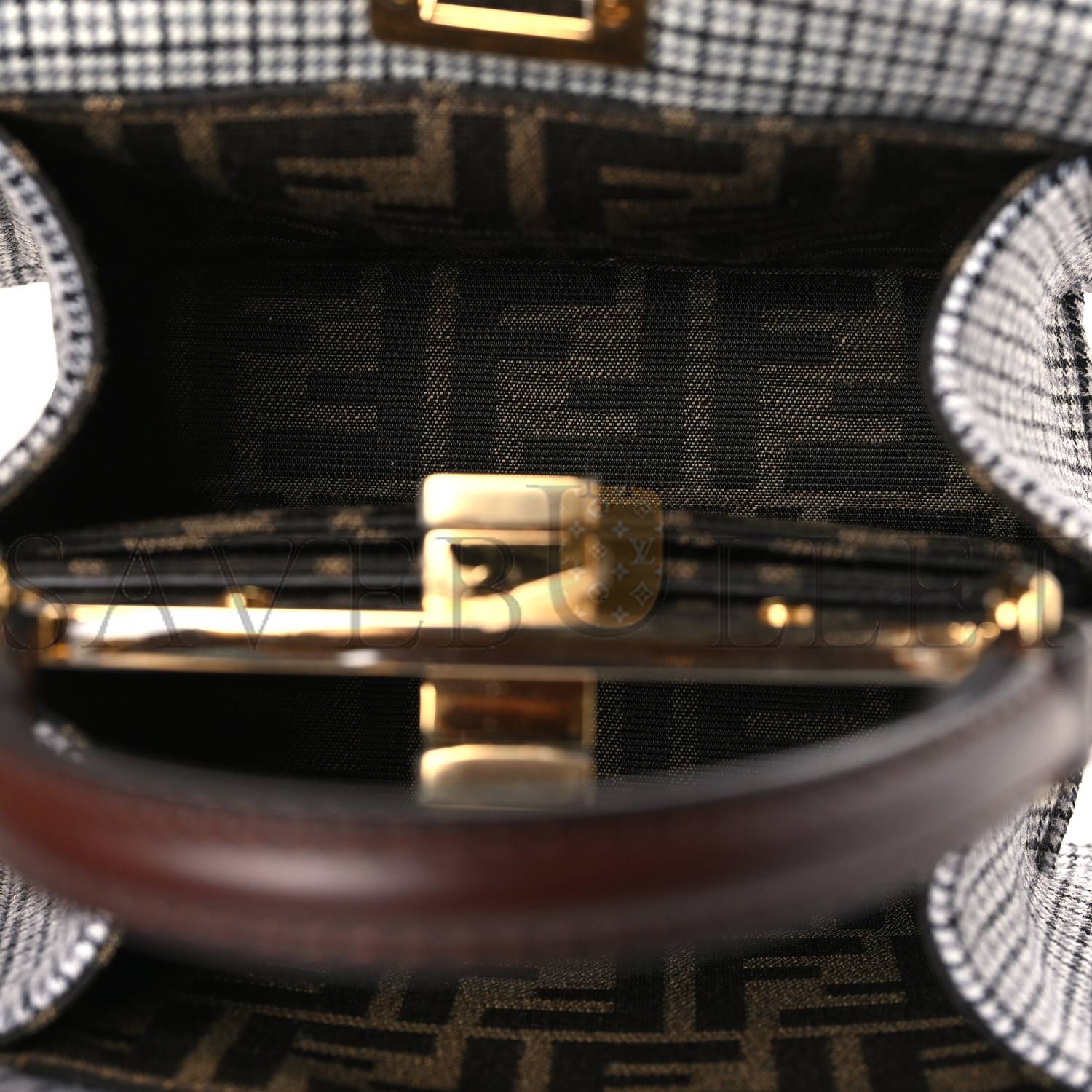 FENDI WOOL FABRIC JACQUARD CUOIO SMALL HOUNDSTOOTH FF 1974 PETITE PEEKABOO I SEE U SATCHEL GRIGIO ANTHRACITE (20*15*11cm)