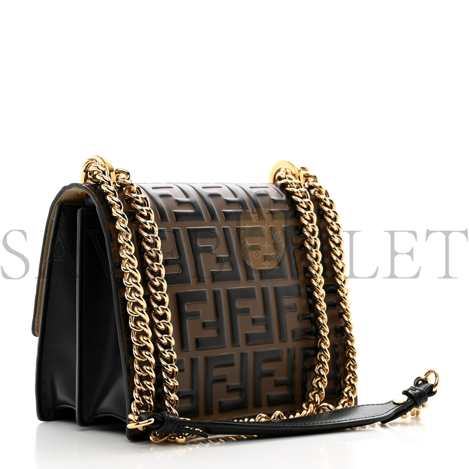 FENDI VITELLO LIBERTY BI-COLOR FF 1974 EMBOSSED SMALL KAN U SHOULDER BAG MAYA BLACK (19*15*9cm)