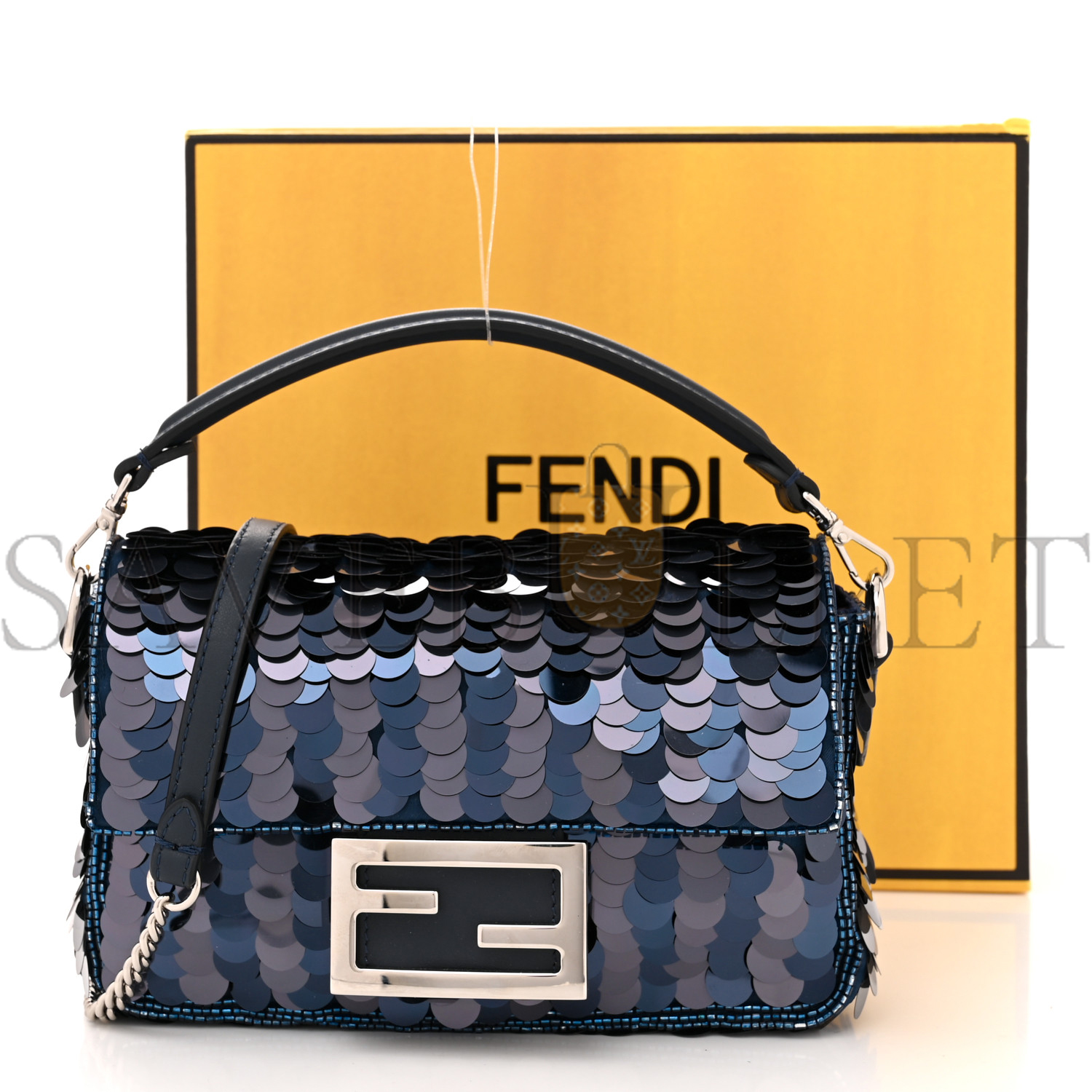 FENDI SEQUIN PAILLETTES SHINY NAPPA PEQUIN MINI BAGUETTE DARK BLUE LUNAI (18*13*5cm)