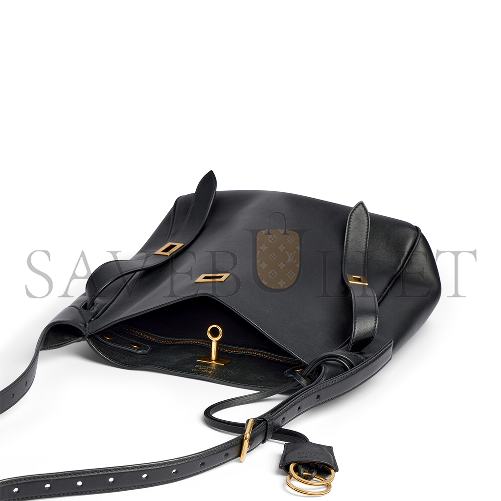 BALENCIAGA BEL AIR SMALL HOBO BAG IN BLACK SMOOTH CALFSKIN, AGED-GOLD HARDWARE 8110182ABAV1000 (26.9*25.9*9.9cm)