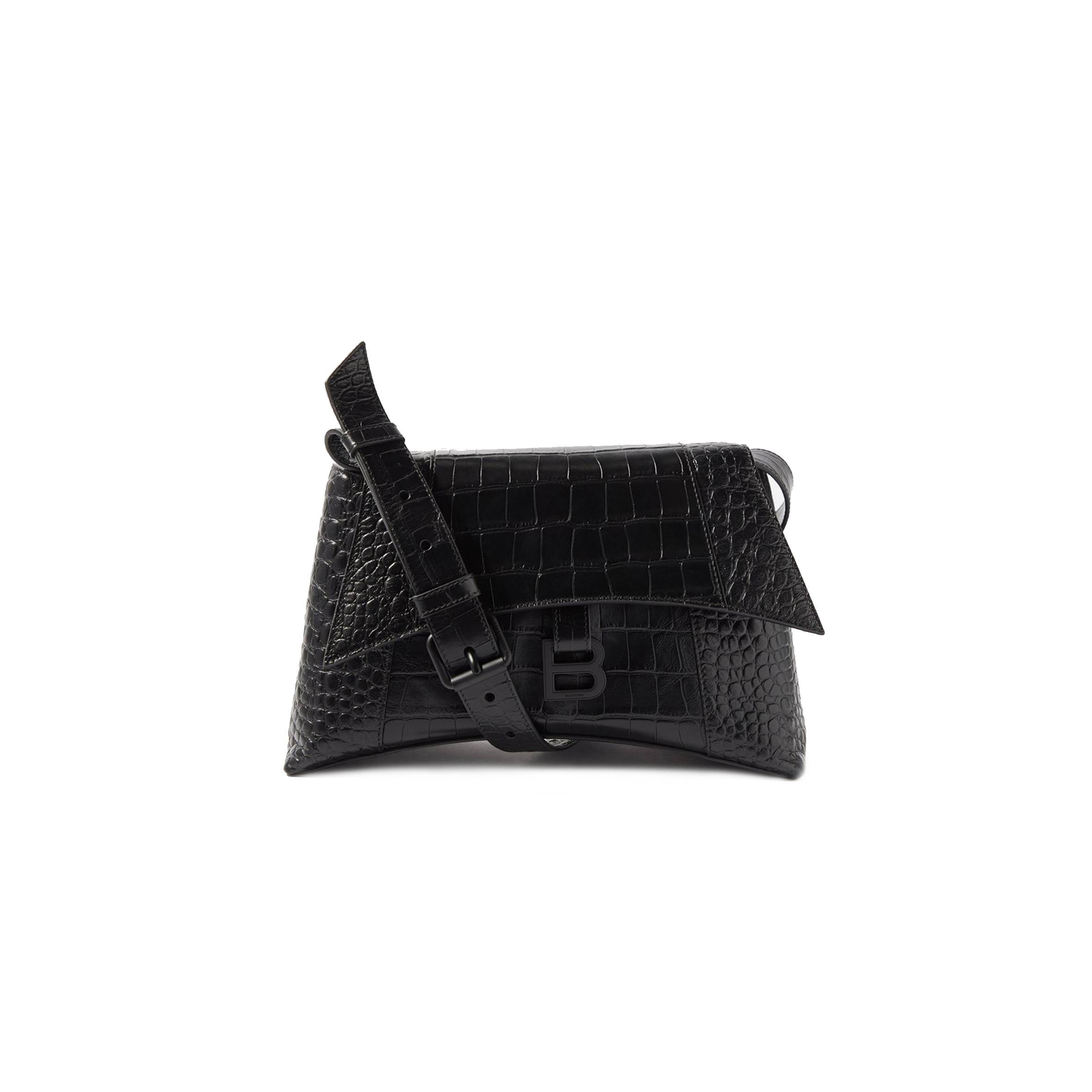 BALENCIAGA BLACK DOWNTOWN CROCODILE-EFFECT LEATHER SHOULDER BAG MATCHESFASHION US (29*18*11cm)