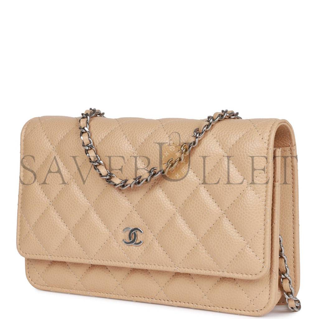 CHANEL WALLET ON CHAIN WOC BEIGE CAVIAR SILVER HARDWARE (19*12*4cm)