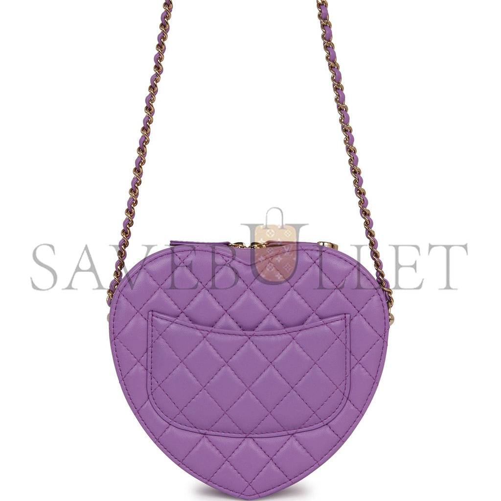 CHANEL CC IN LOVE LARGE HEART BAG PURPLE LAMBSKIN LIGHT GOLD HARDWARE (20*18*6cm)