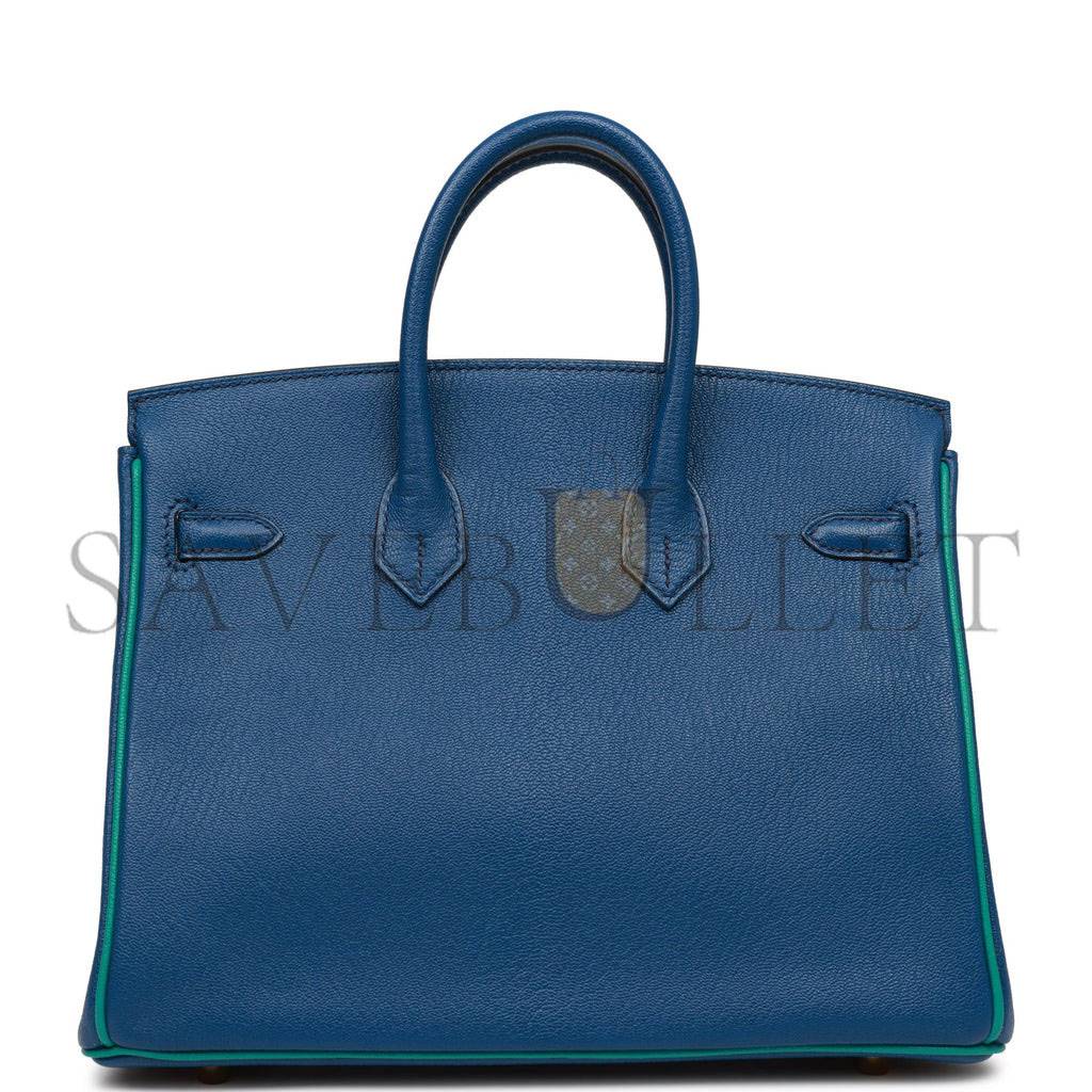 HERMES SPECIAL ORDER (HSS) BIRKIN 25 BLEU SAPHIR AND VERT VERTIGO CHEVRE BRUSHED GOLD HARDWARE HANDMADE (25.cm)