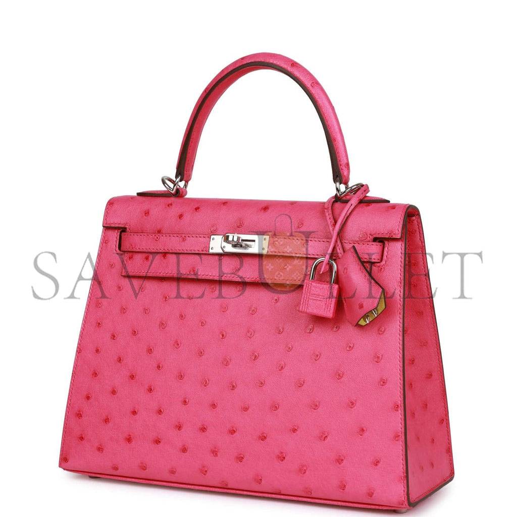 HERMES SPECIAL ORDER (HSS) KELLY SELLIER 25 ROSE TYRIEN VERSO OSTRICH PALLADIUM HARDWARE HANDMADE (25*17*7cm)