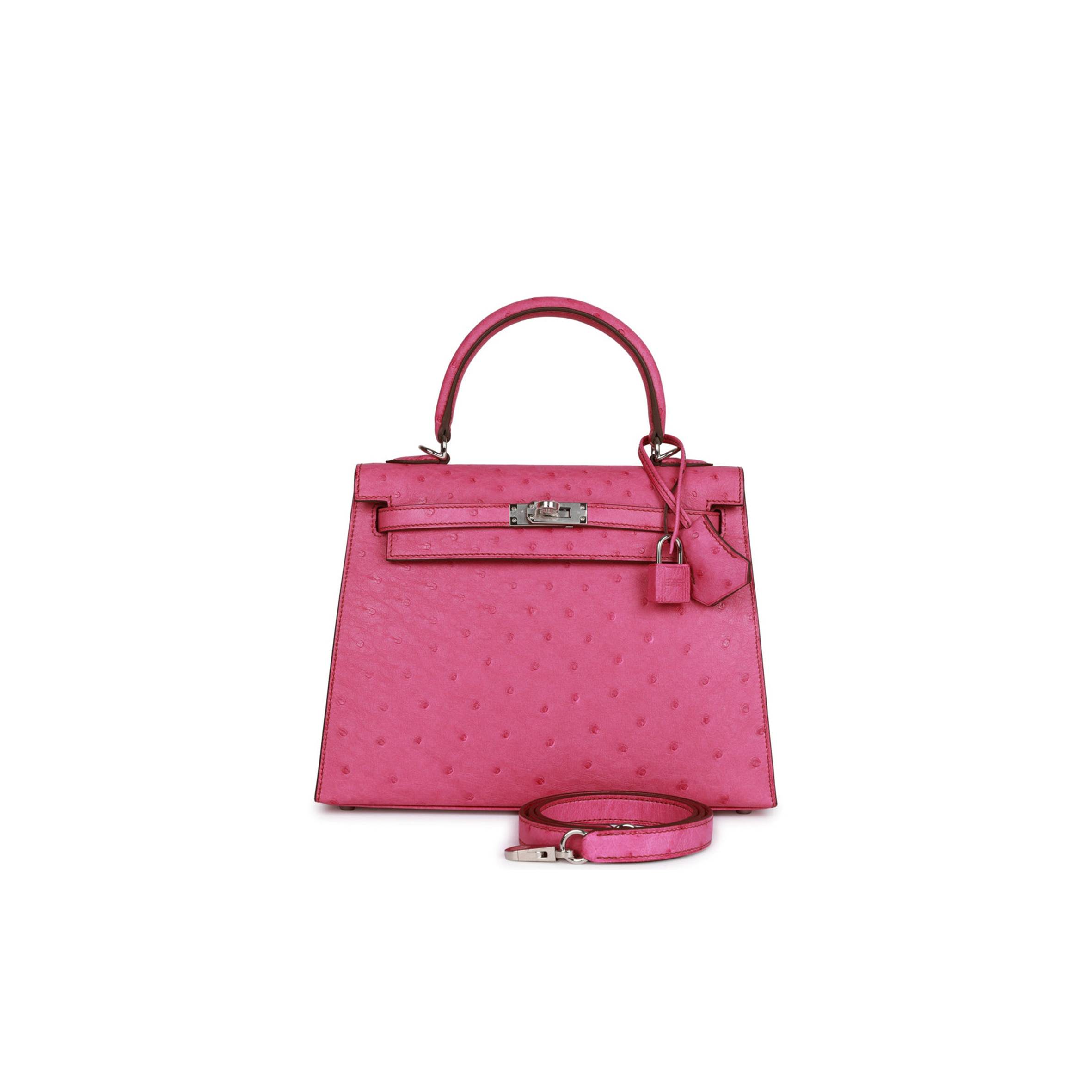 HERMES KELLY SELLIER 25 FUCHSIA OSTRICH PALLADIUM HARDWARE (25*17*7cm)