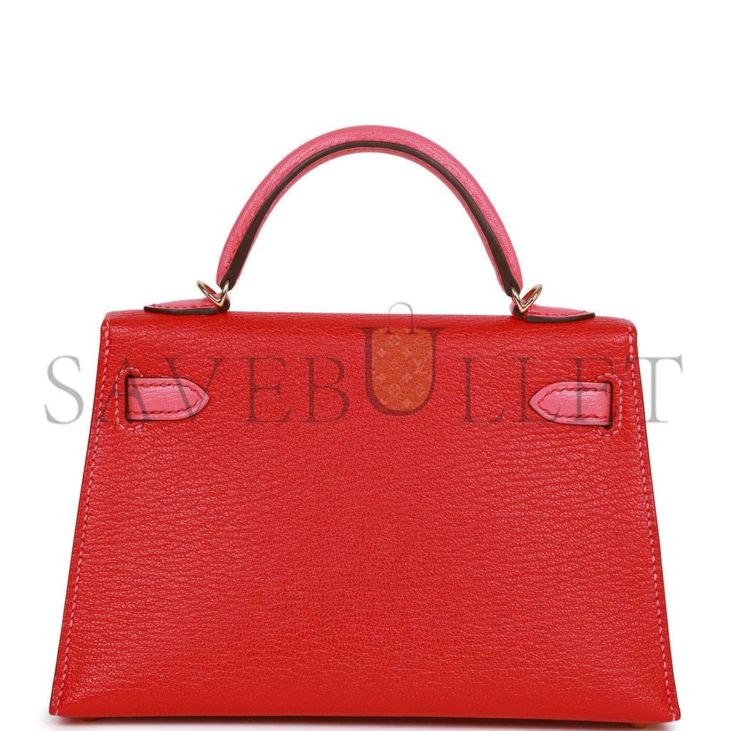 HERMES SPECIAL ORDER (HSS) KELLY MINI SELLIER 20 ROUGE DE COEUR AND ROSE LIPSTICK CHEVRE PERMABRASS HARDWARE (19*12*5.5cm)