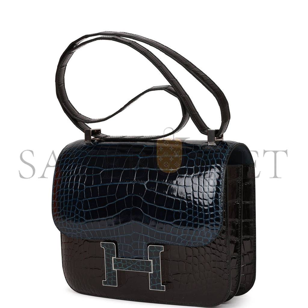 HERMES CONSTANCE 24 TRI-COLOR BLACK, BLEU BALTIQUE AND VERT ROUSSEAU SHINY ALLIGATOR PALLADIUM HARDWARE (24cm)