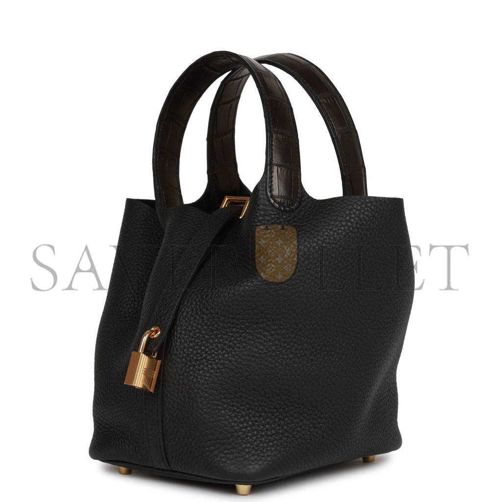 HERMES PICOTIN LOCK 18 BLACK MATTE ALLIGATOR AND CLEMENCE TOUCH GOLD HARDWARE (18*13*18cm)