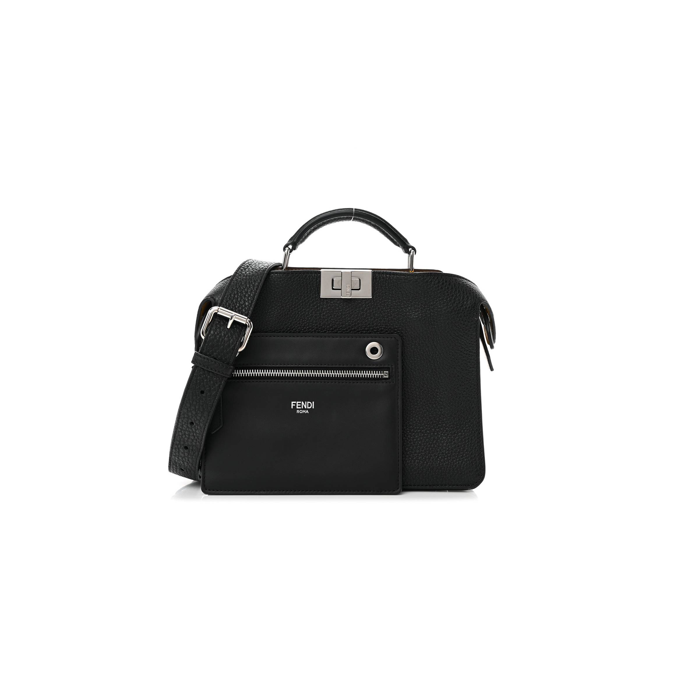 FENDI CUOIO ROMANO VITELLO GRACE LIGHT GLAZED FABRIC BI-COLOR FF 1974 MINI PEEKABOO I SEE U SATCHEL BLACK (25*20*9cm)