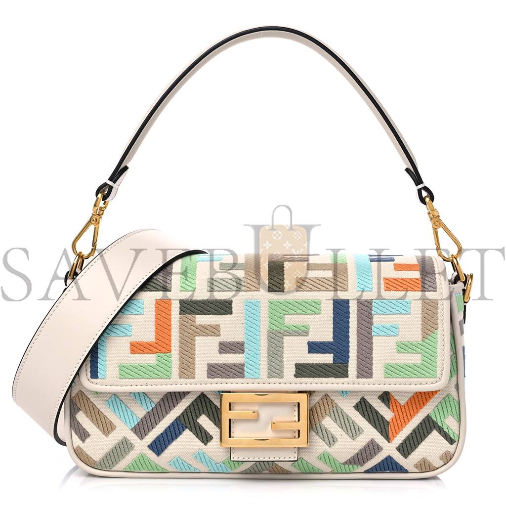 FENDI KUBAN CANVAS VITELLO KING FF EMBROIDERED BAGUETTE LATTE MULTICOLOR (27*13*6cm)